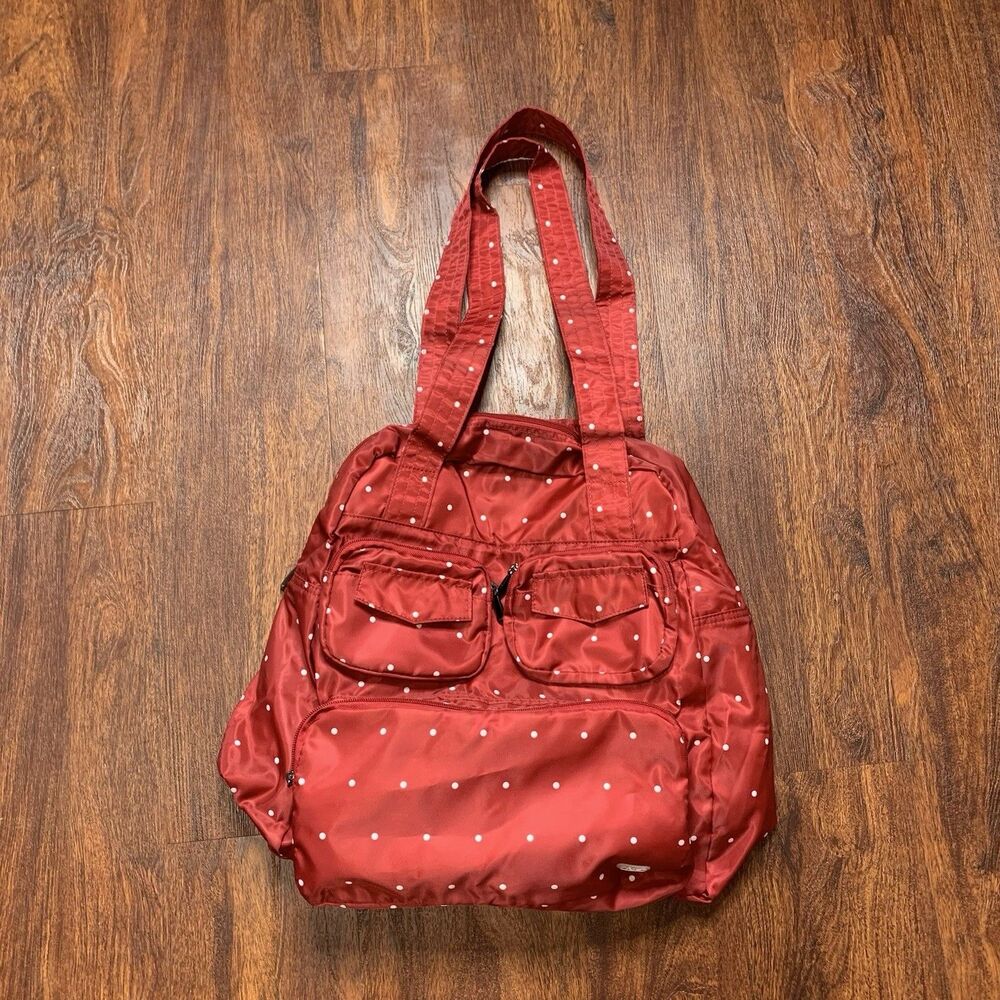 Lug Lightweight Travel Tote Bag Red & White Polka Dot Zip Packable Pockets